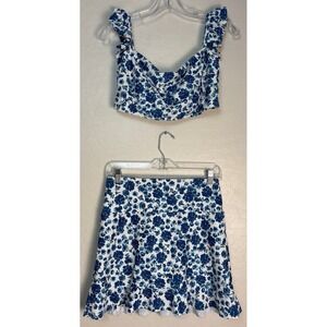 Albion Fit Santorini Floral Bella Blue Ruffle Swim Crop Top & Skort Large 2170